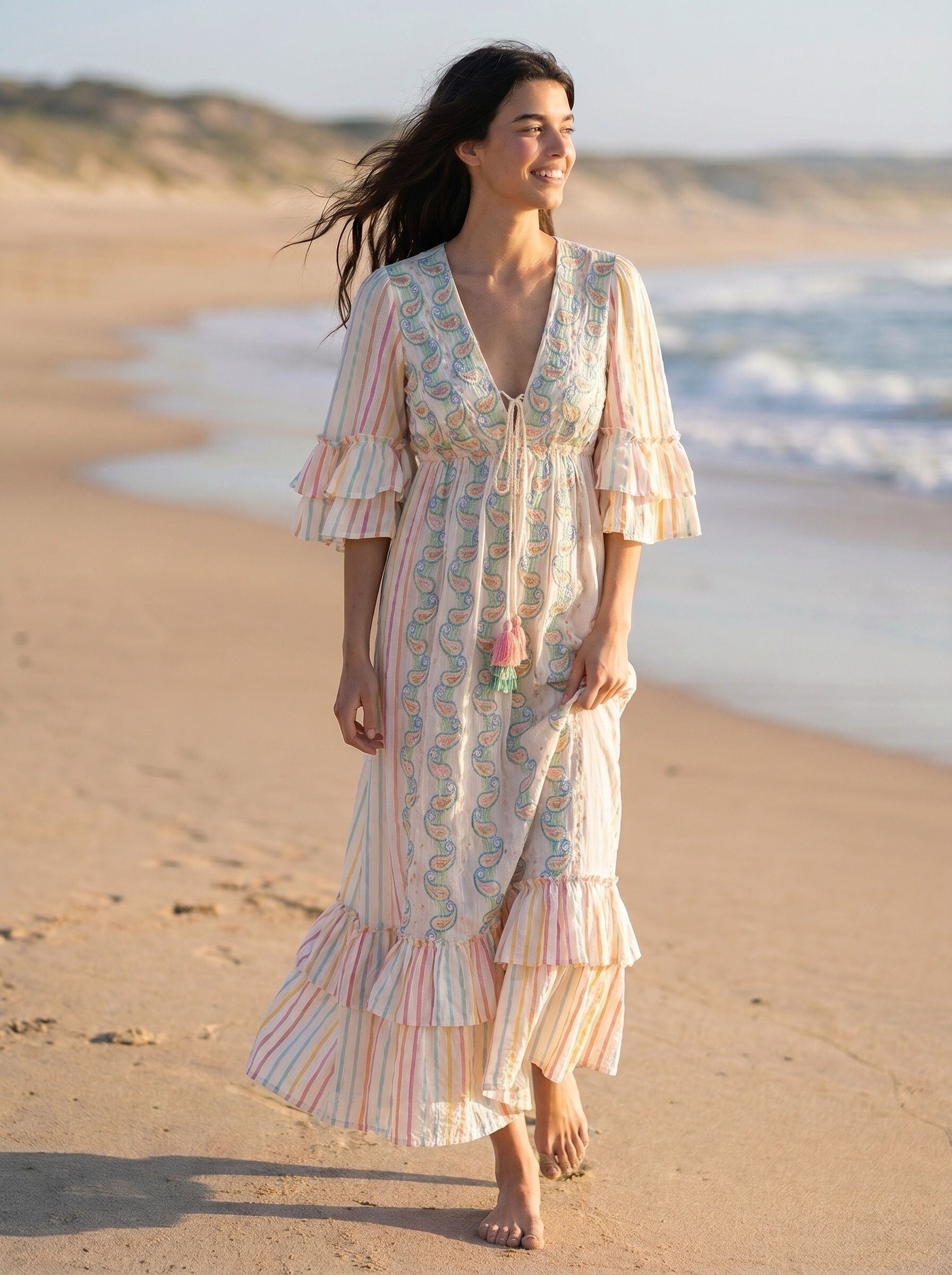 Grossiste Goldendays - Robe longue imprimée à col V et manches volantées
