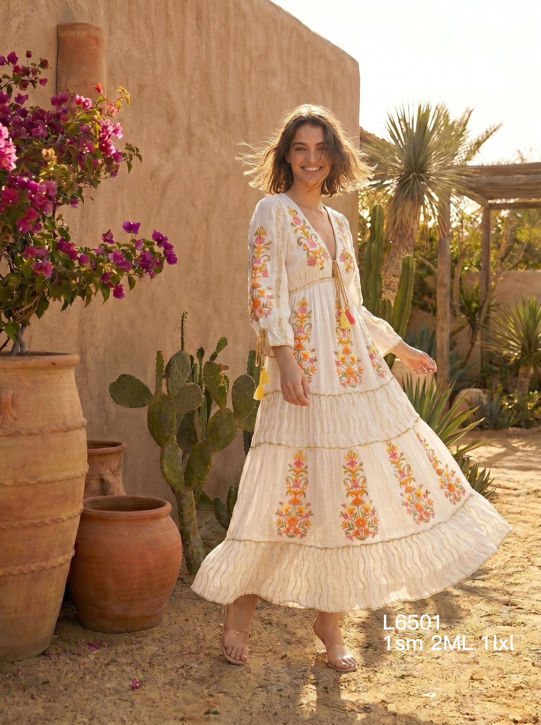 Mayorista Goldendays - Vestido largo bordado con mangas largas y cuello en V