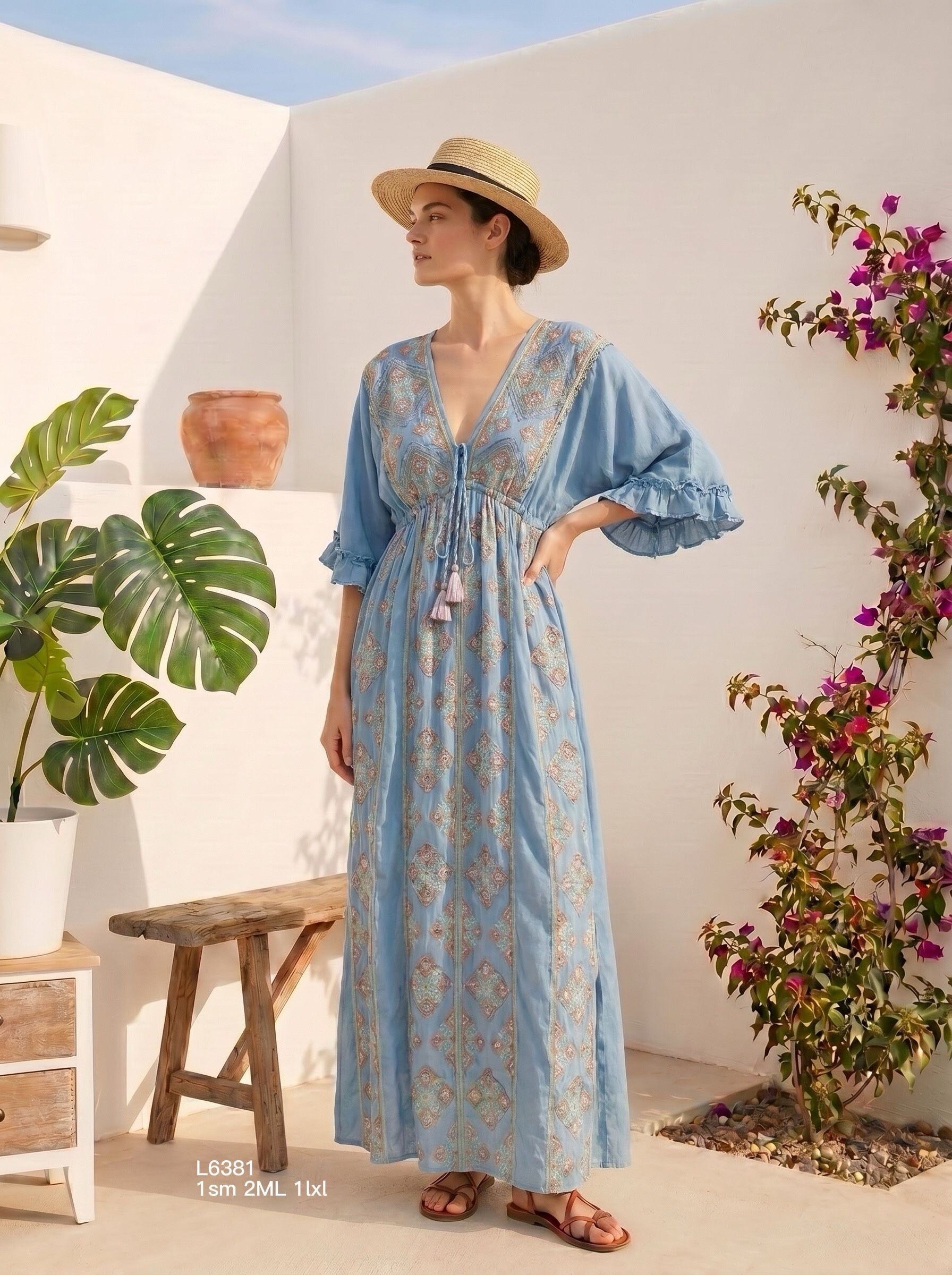 Mayorista Goldendays - Vestido largo bordado con cuello en V y mangas con volantes