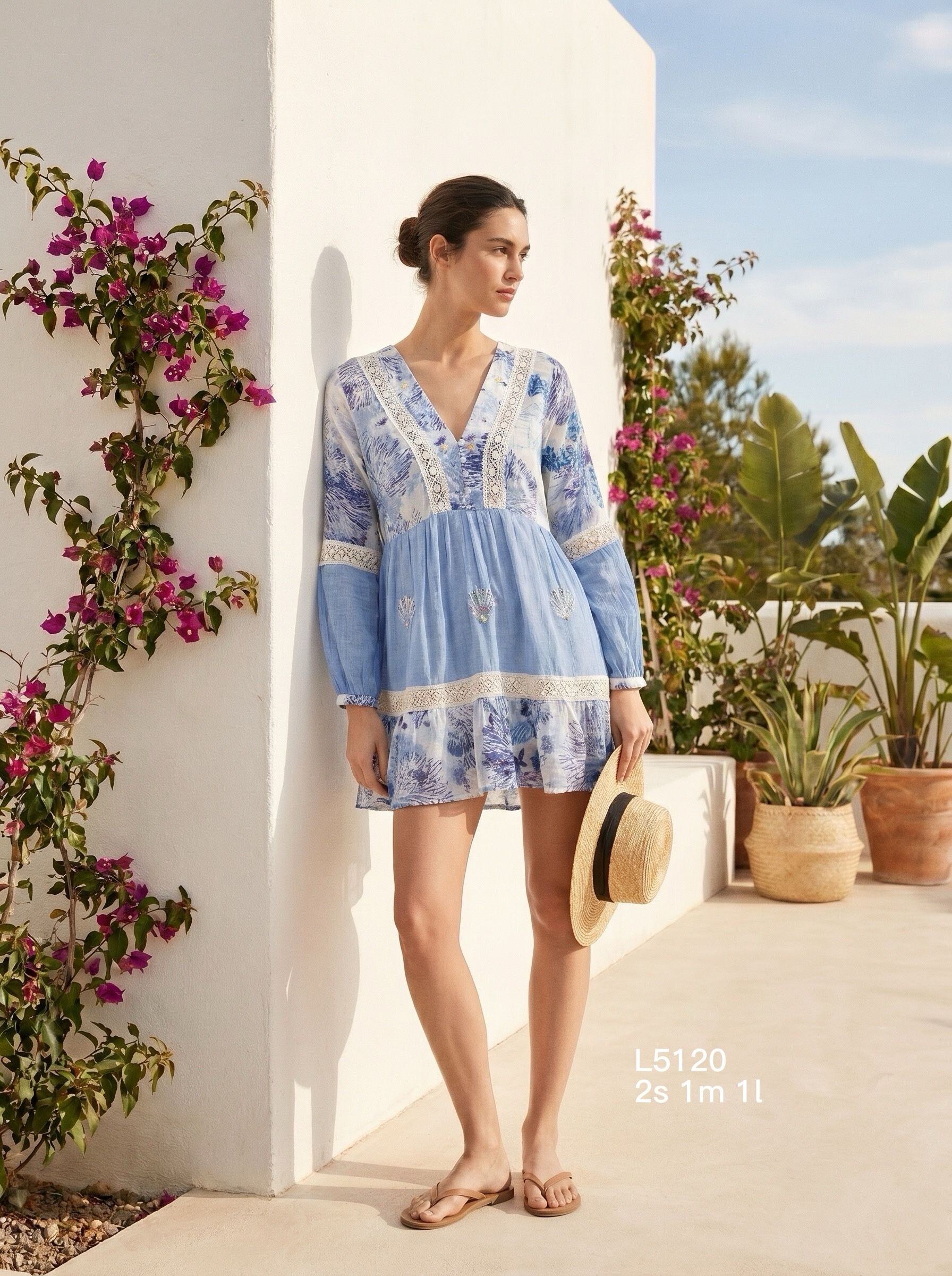Grossiste Goldendays - Robe courte imprimée à col V et manches longues