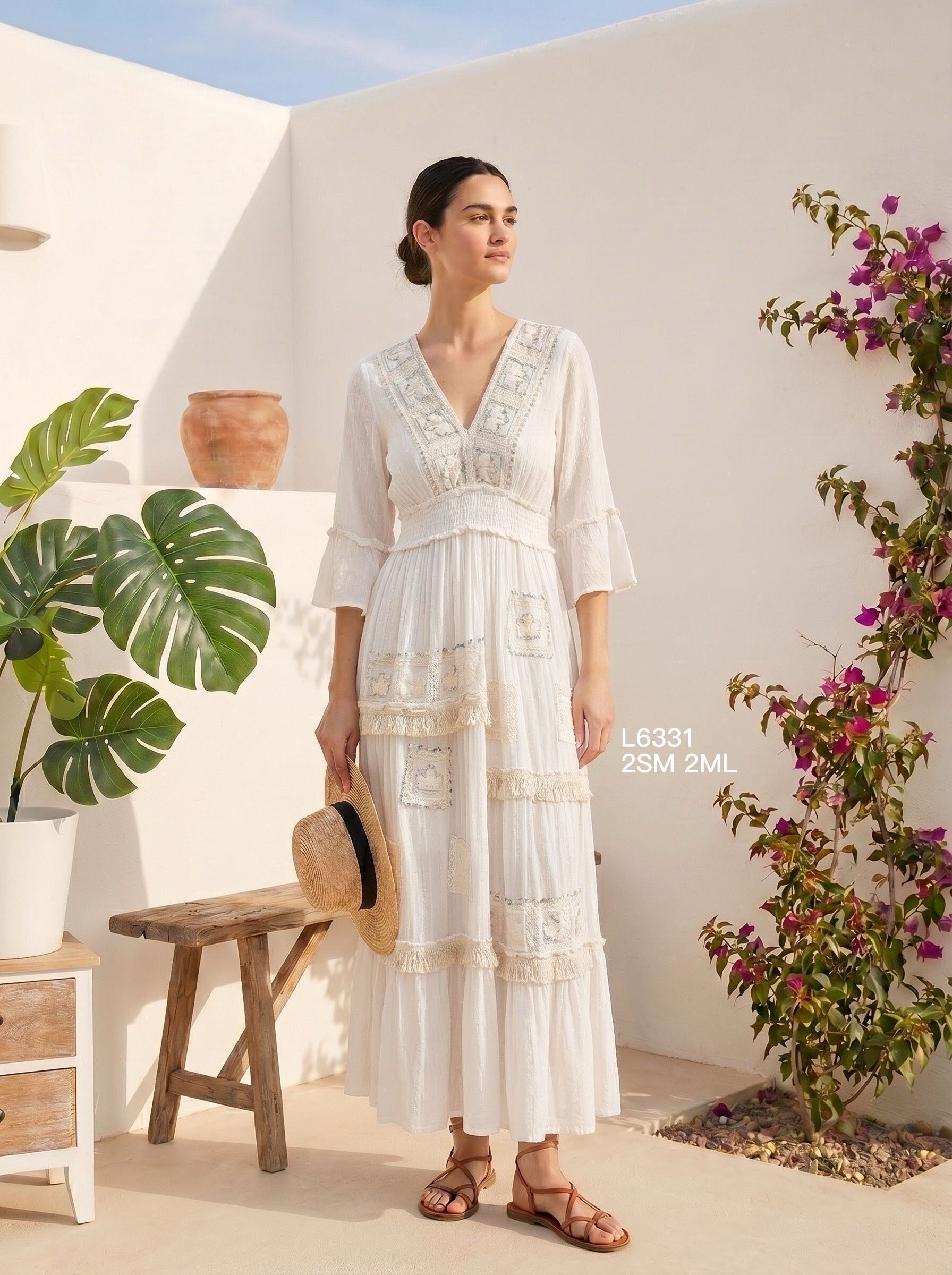 Mayorista Goldendays - Vestido largo con mangas 3/4, cuello en V y detalles de encaje