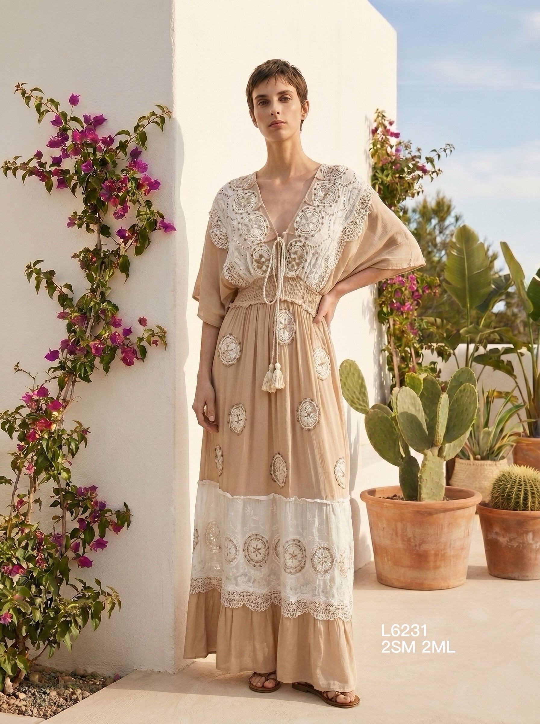 Mayorista Goldendays - Vestido largo con encaje, mangas anchas y cinturón para atar