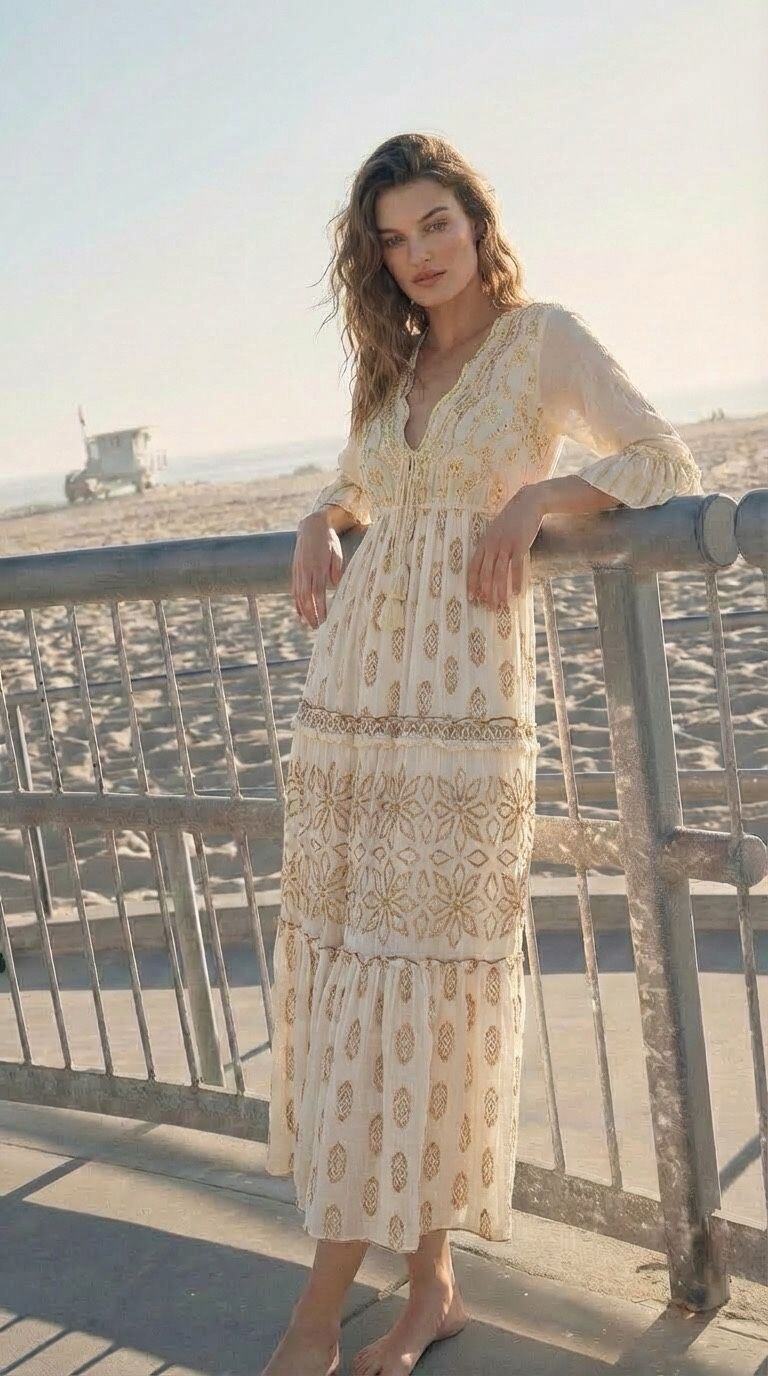Mayorista Goldendays - Vestido largo estampado con mangas acampanadas y cuello en V