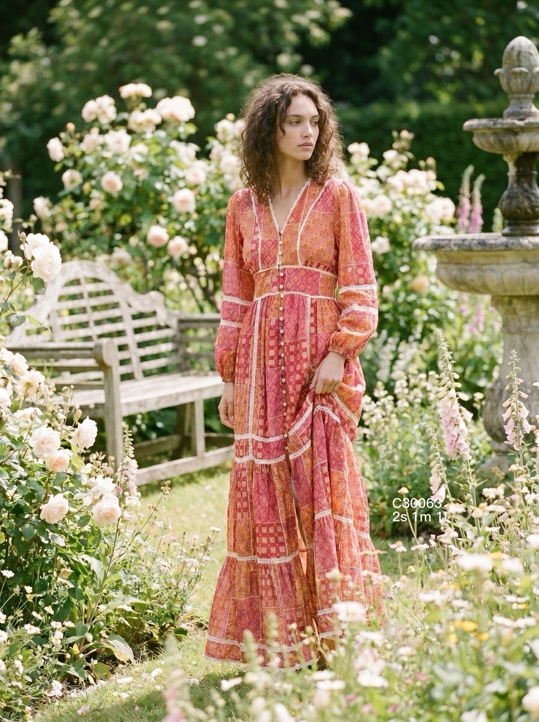 Grossiste Goldendays - Robe longue imprimée à manches longues et boutons