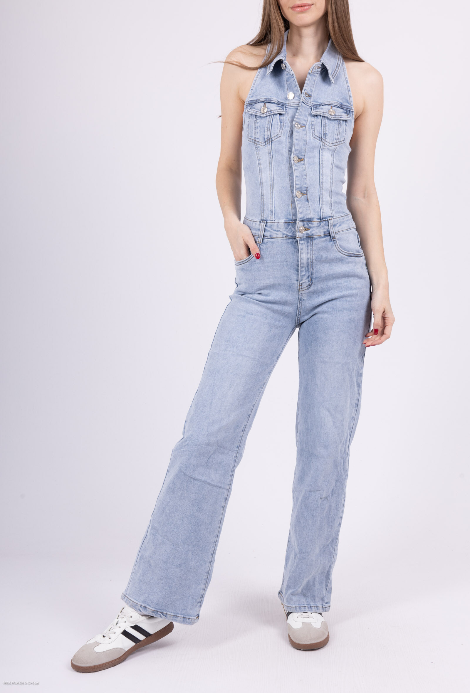 Grossiste Goodies - Combinaison en jean délavé, dos nu et jambes larges