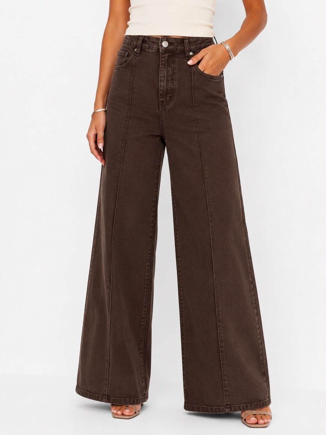 Grossiste Goodies - Jean Wide Leg Marron foncé – Coupe Épurée & Tendance