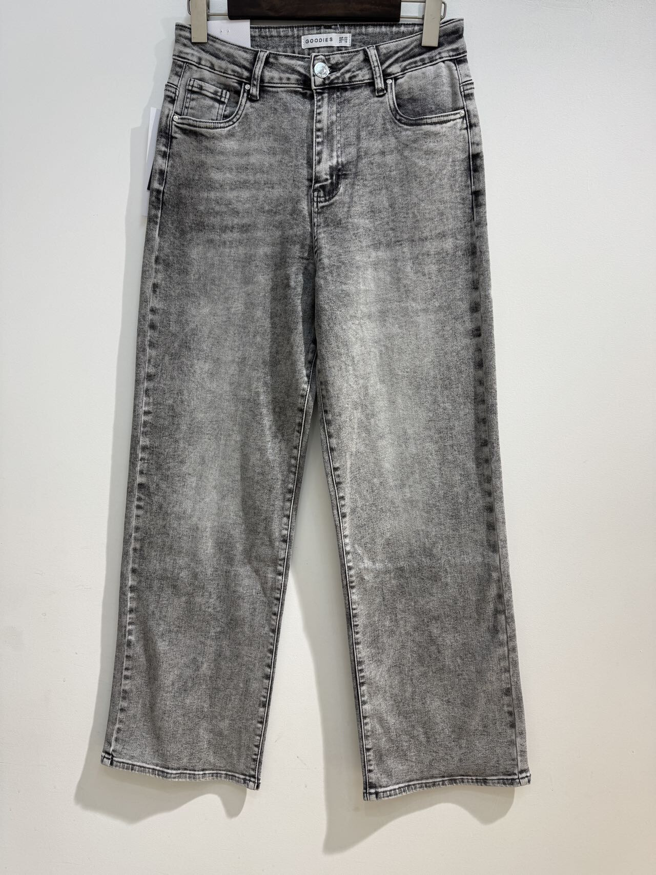 Großhändler Goodies - Hellgraue Stretch-Jeans mit weitem Bein und hoher Taille