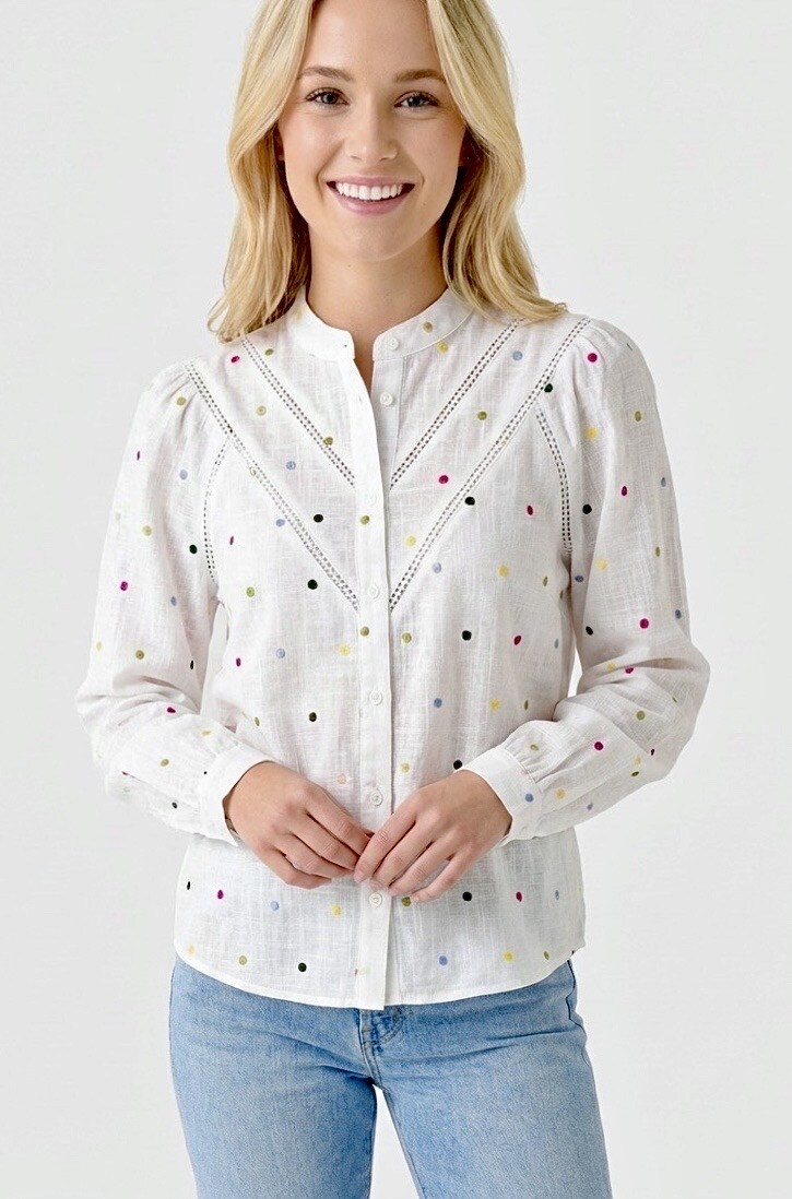 Grossista Graciela Paris - Camicia in cotone lino con piccoli pois ricamati multicolori