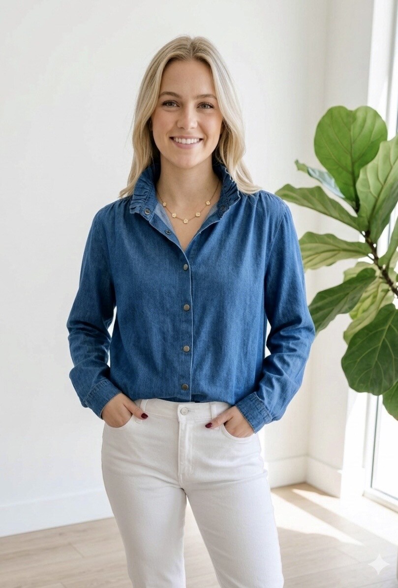Grossista Graciela Paris - Camicia in denim pregiato, colletto rialzato, bottoni a pressione