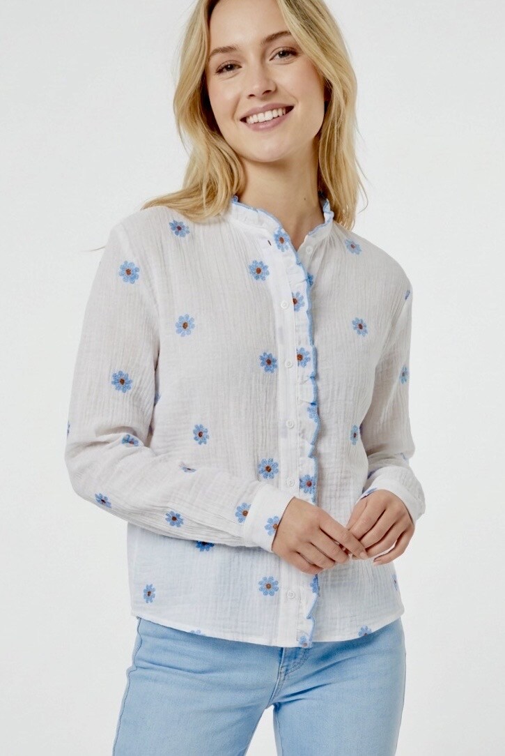 Grossista Graciela Paris - Camicia in garza di cotone ricamata con margherite, collo alla coreana