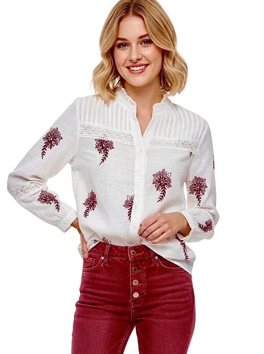 Grossista Graciela Paris - Camicia ricamata con fiori bicolore e rifinitura in treccia di cotone
