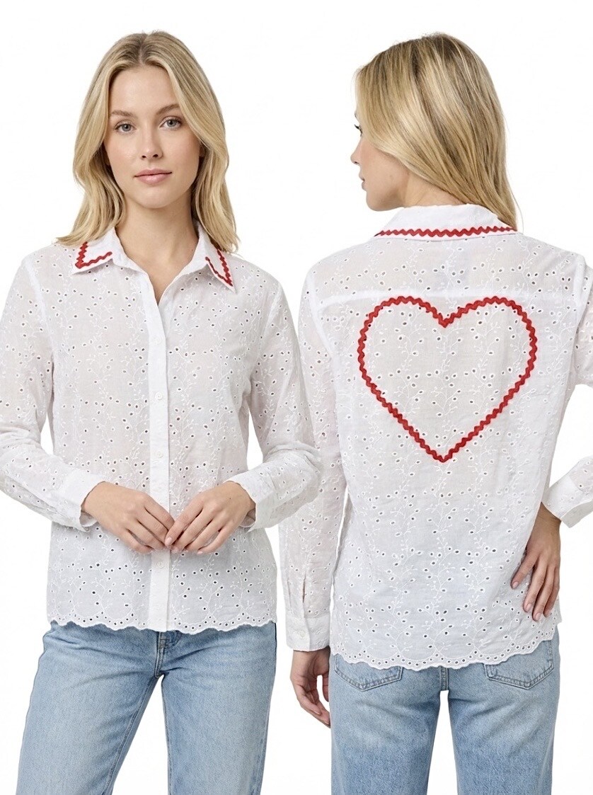 Grossista Graciela Paris - Camicia in cotone sangallo con treccia serpentina rossa sul colletto e cuore sul retro