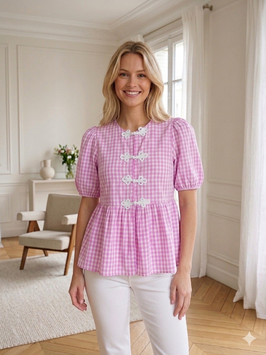 Grossista Graciela Paris - Camicia corta in cotone con ricamo inglese, decorata con bottoni con nodo cinese