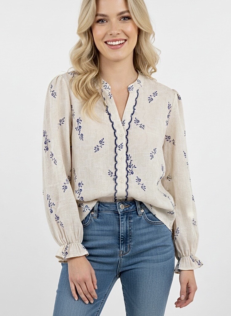 Grossista Graciela Paris - Camicia in cotone stampato a fiori con finitura in treccia di cotone