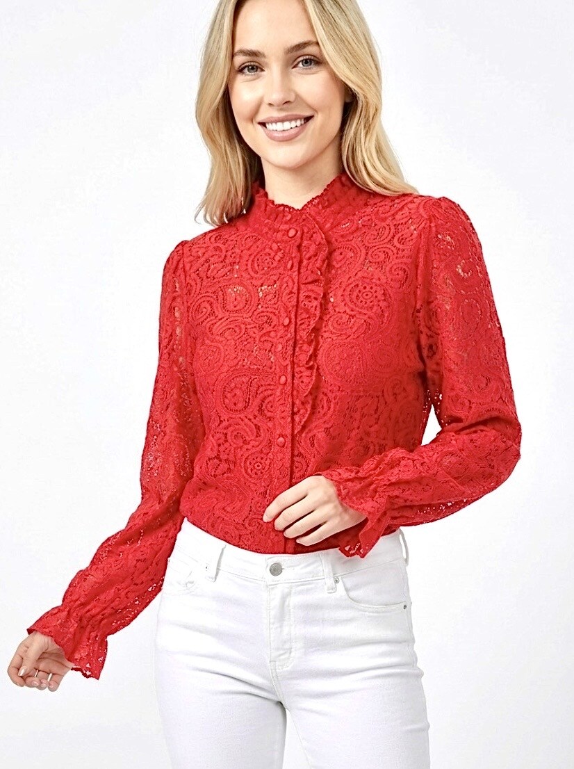 Grossista Graciela Paris - Camicia in pizzo con collo alto. Maniche a pieghe