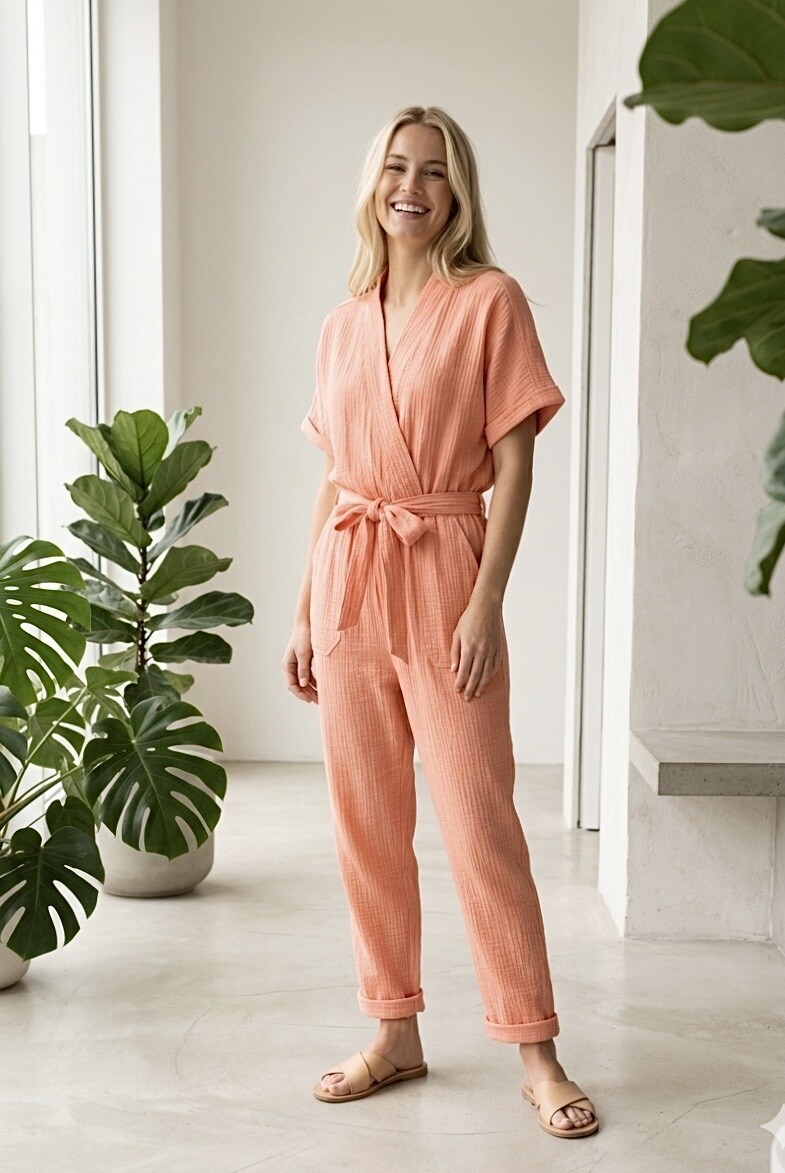 Grossiste Graciela Paris - Combinaison en gaze de coton. haut style kimono. poches apparentes