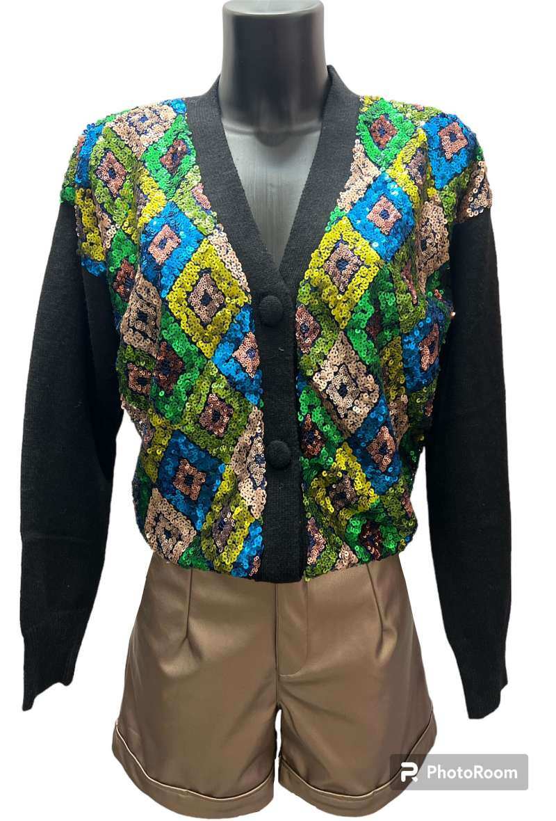 Wholesaler Graciela Paris - Short vest embellished with colored geometric pattern in sequins