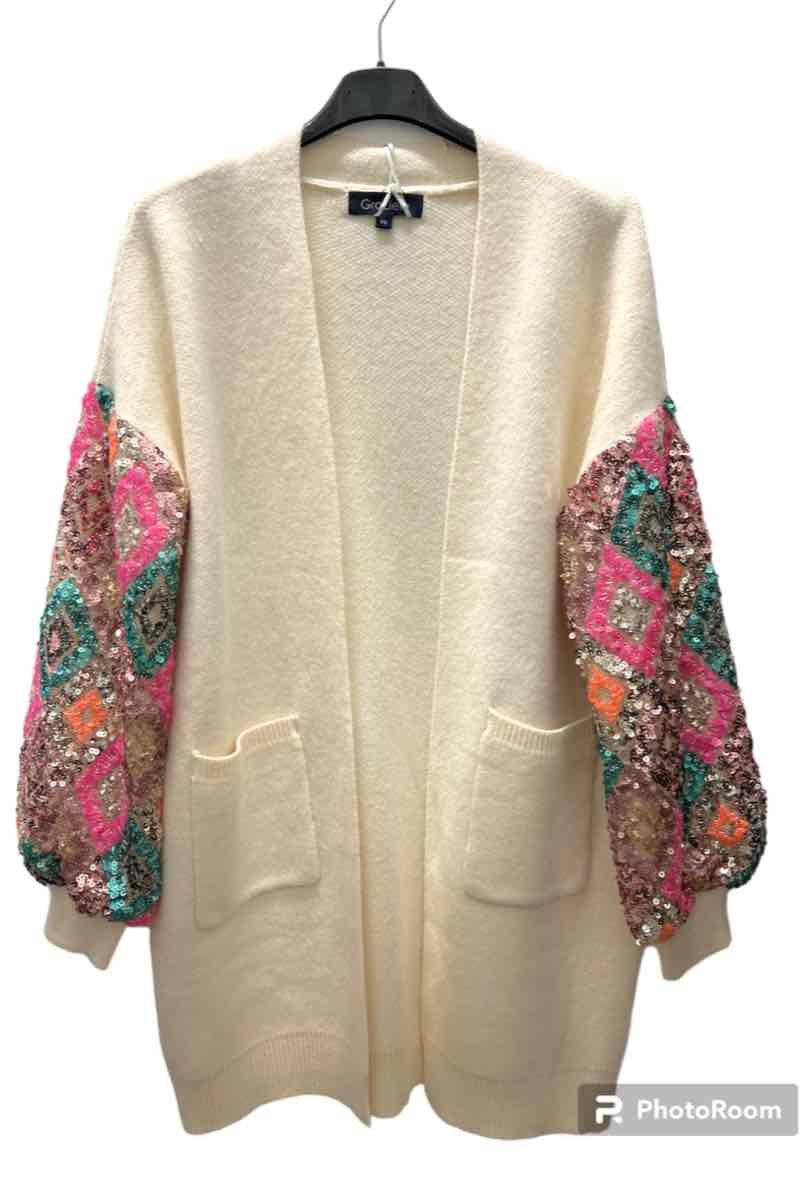 Wholesaler Graciela Paris - Long cardigan embellished with geometric sequin patterns on the sleeves