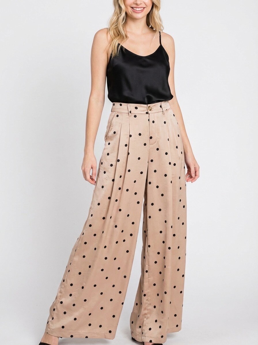 Mayorista Graciela Paris - Pantalón ancho efecto falda fluida de satén con estampado de lunares