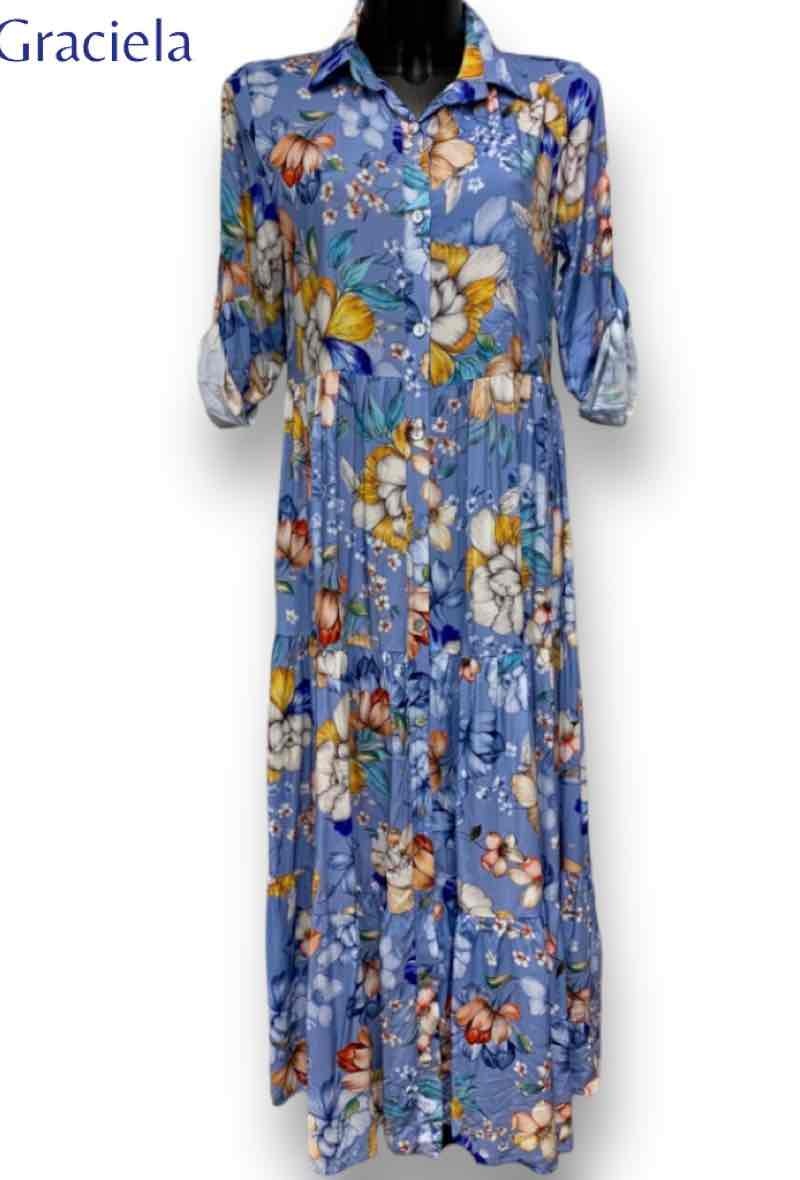 Mayorista Graciela Paris - Vestido camisero largo de viscosa estampada