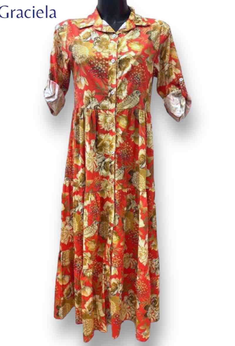 Mayorista Graciela Paris - Vestido camisero largo de viscosa estampada