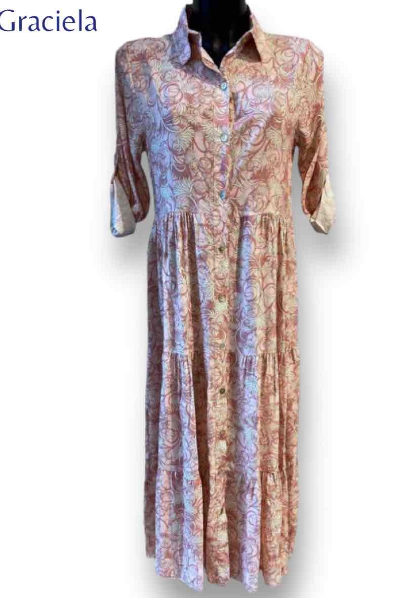 Mayorista Graciela Paris - Vestido camisero largo de viscosa estampada