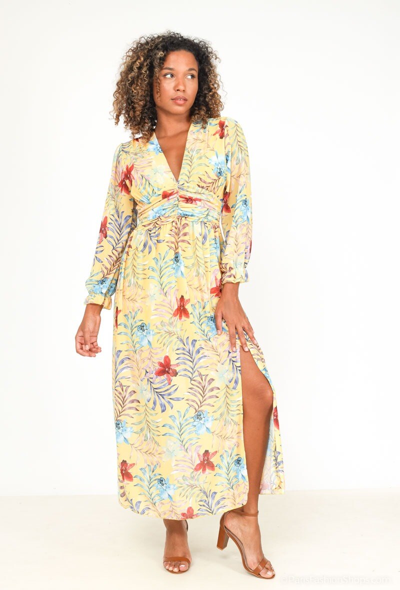 Mayorista Graciela Paris - Vestido largo estampado. frente dividido a la izquierda
