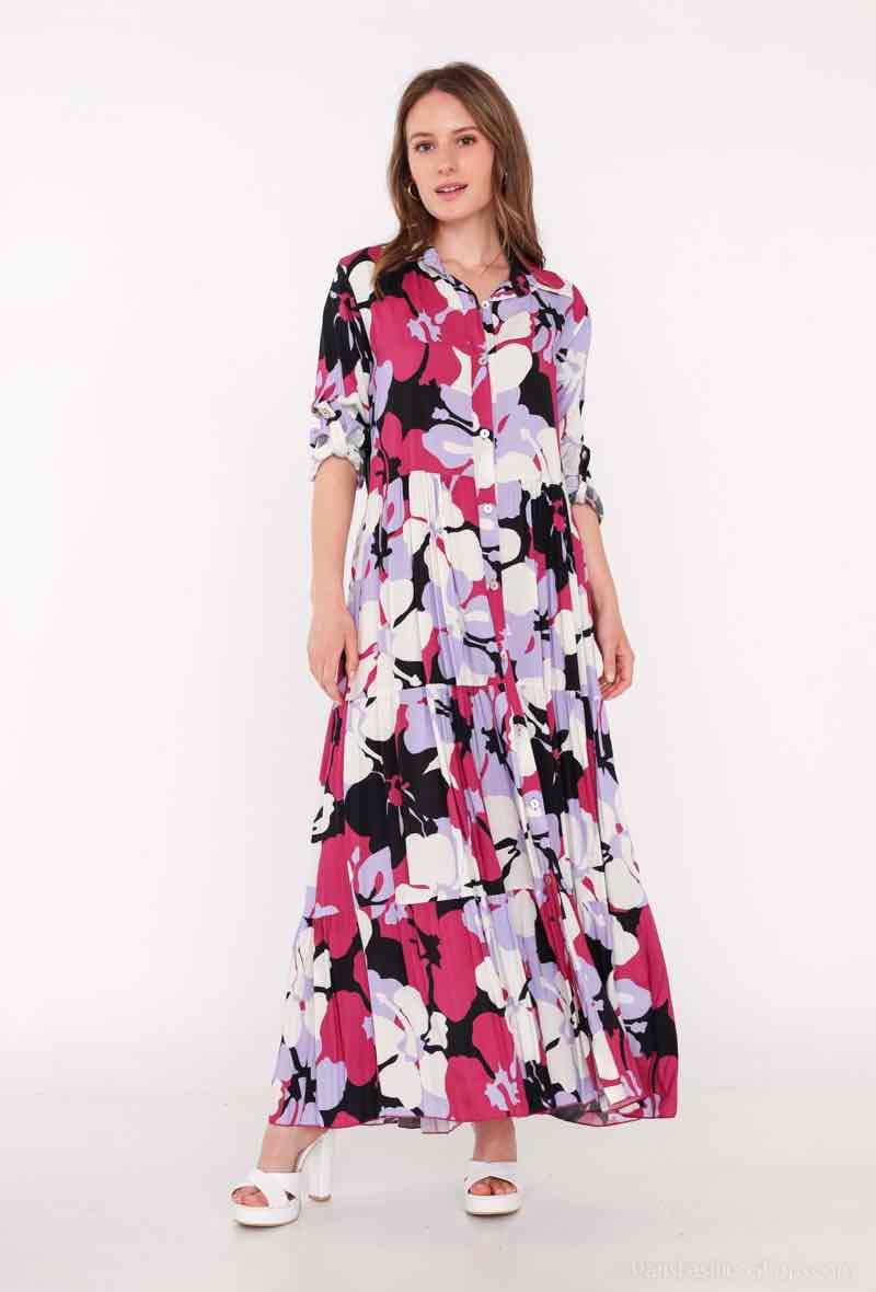 Mayorista Graciela Paris - Vestido camisero largo de viscosa estampada