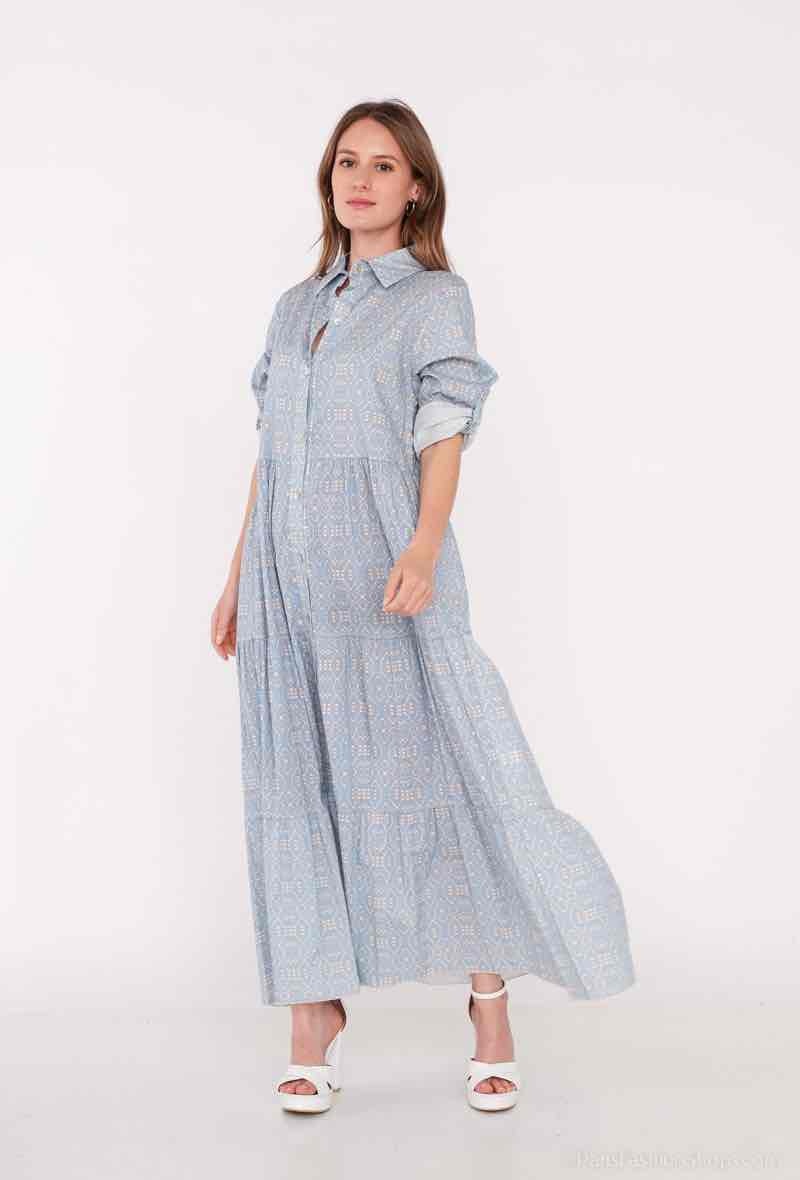 Mayorista Graciela Paris - Vestido camisero largo de viscosa estampada