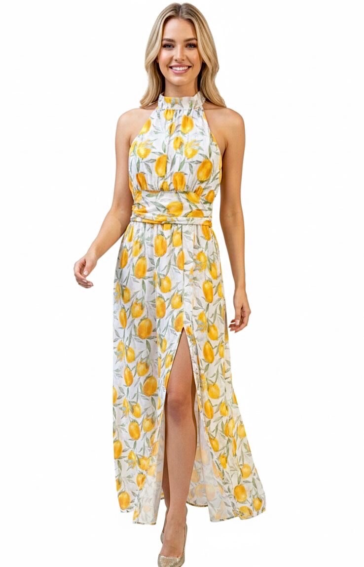 Mayorista Graciela Paris - Vestido largo con aberturas y vuelo estampado limones