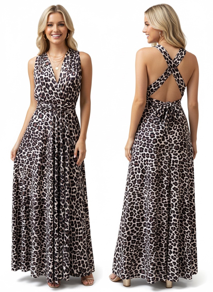Grossista Graciela Paris - Abito lungo con stampa leopardata sulla schiena, da drappeggiare/annodare in molteplici modi (materiale fluido e gonna ampia e svasata)