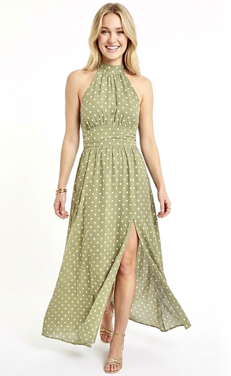 Mayorista Graciela Paris - Vestido largo de cuello alto con lunares