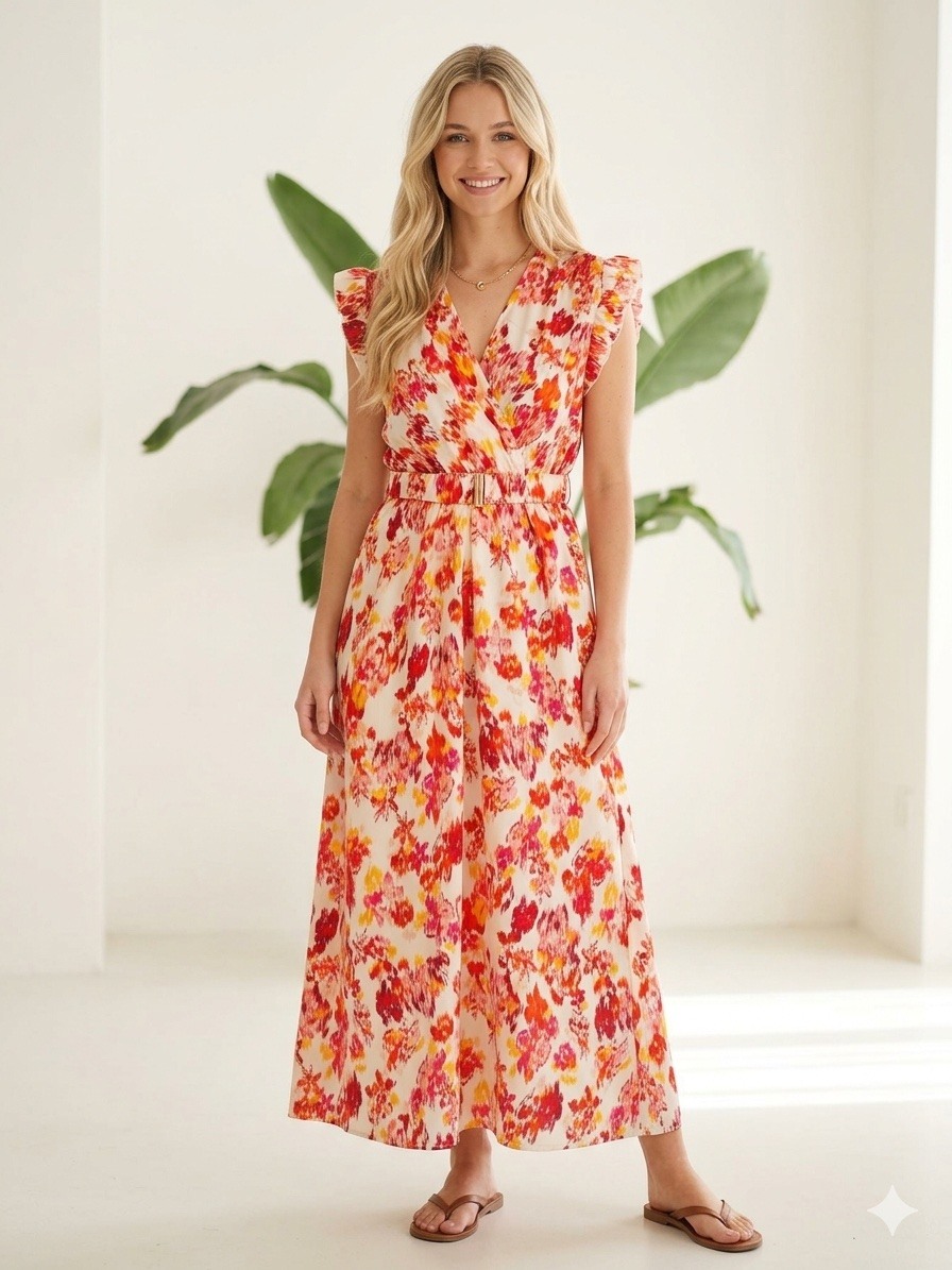 Mayorista Graciela Paris - Vestido largo plisado con estampado floral