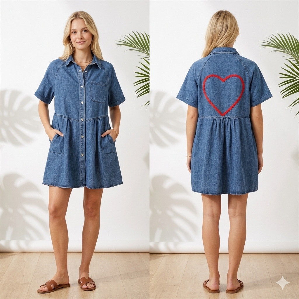 Mayorista Graciela Paris - Vestido corto con jeans oversize, con corazón plateado y botones a presión de corazón gris con trenza roja en la espalda