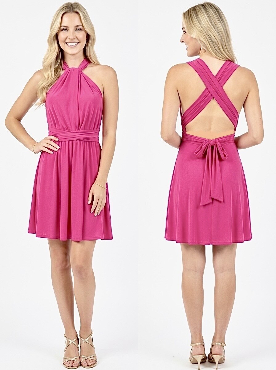Mayorista Graciela Paris - Vestido multiposición, corto, fluido, con vuelo y muy elástico.