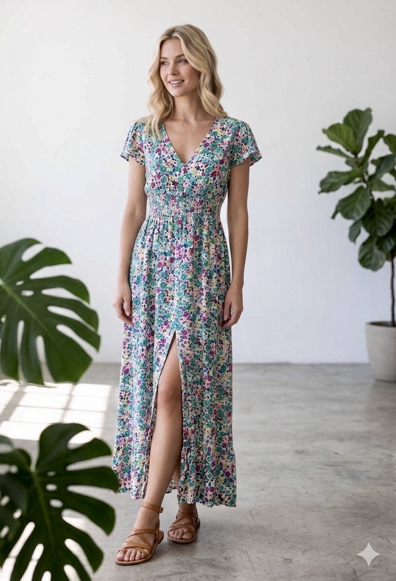 Mayorista Graciela Paris - Vestido de verano estampado floral con abertura delantera