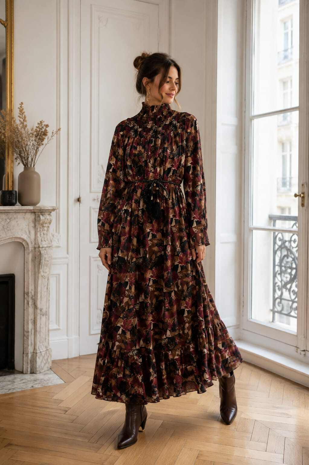 Grossiste Graciela Paris - Robe longue col montant imprimé automnale