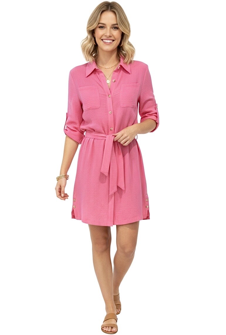 Grossista Graciela Paris - Abito camicia corto in chiffon di cotone. Apertura con bottoni sui lati