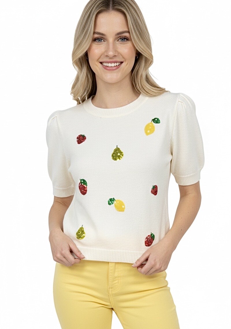 Wholesaler Graciela Paris - Knitted t-shirt embroidered with colorful fruits in sequins. round neck