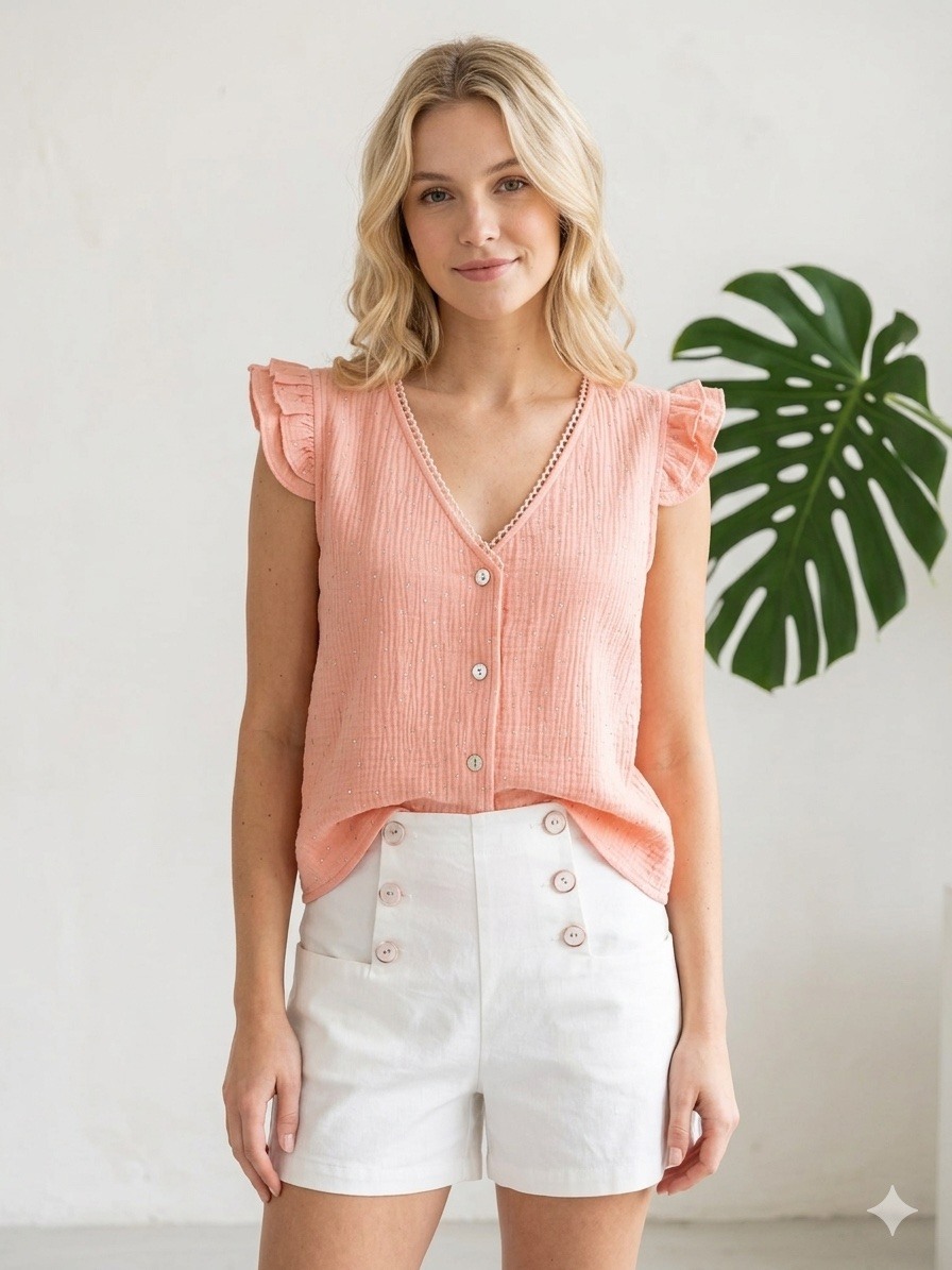 Grossista Graciela Paris - Blusa in chiffon di cotone stampato con piccoli pois argento/dorati.