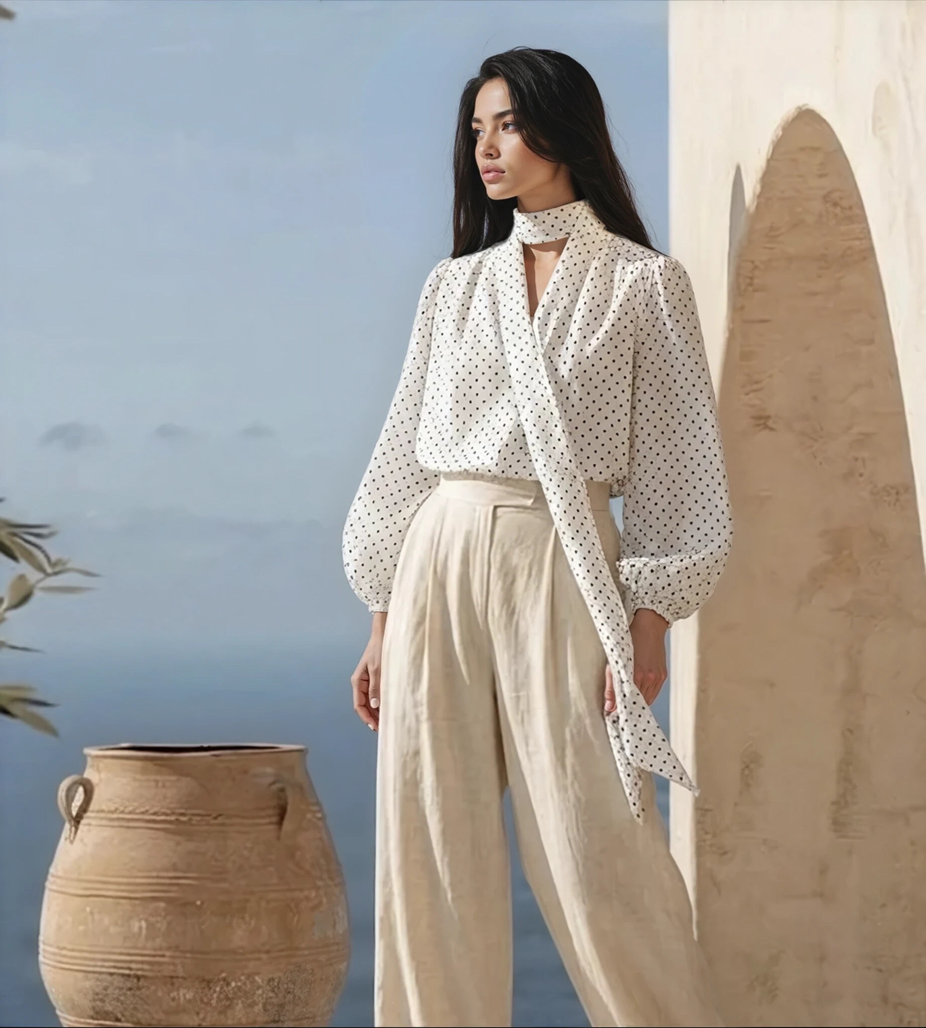 Großhändler GUAS Collection - Gepunktete Bluse mit V-Ausschnitt und passendem Schal