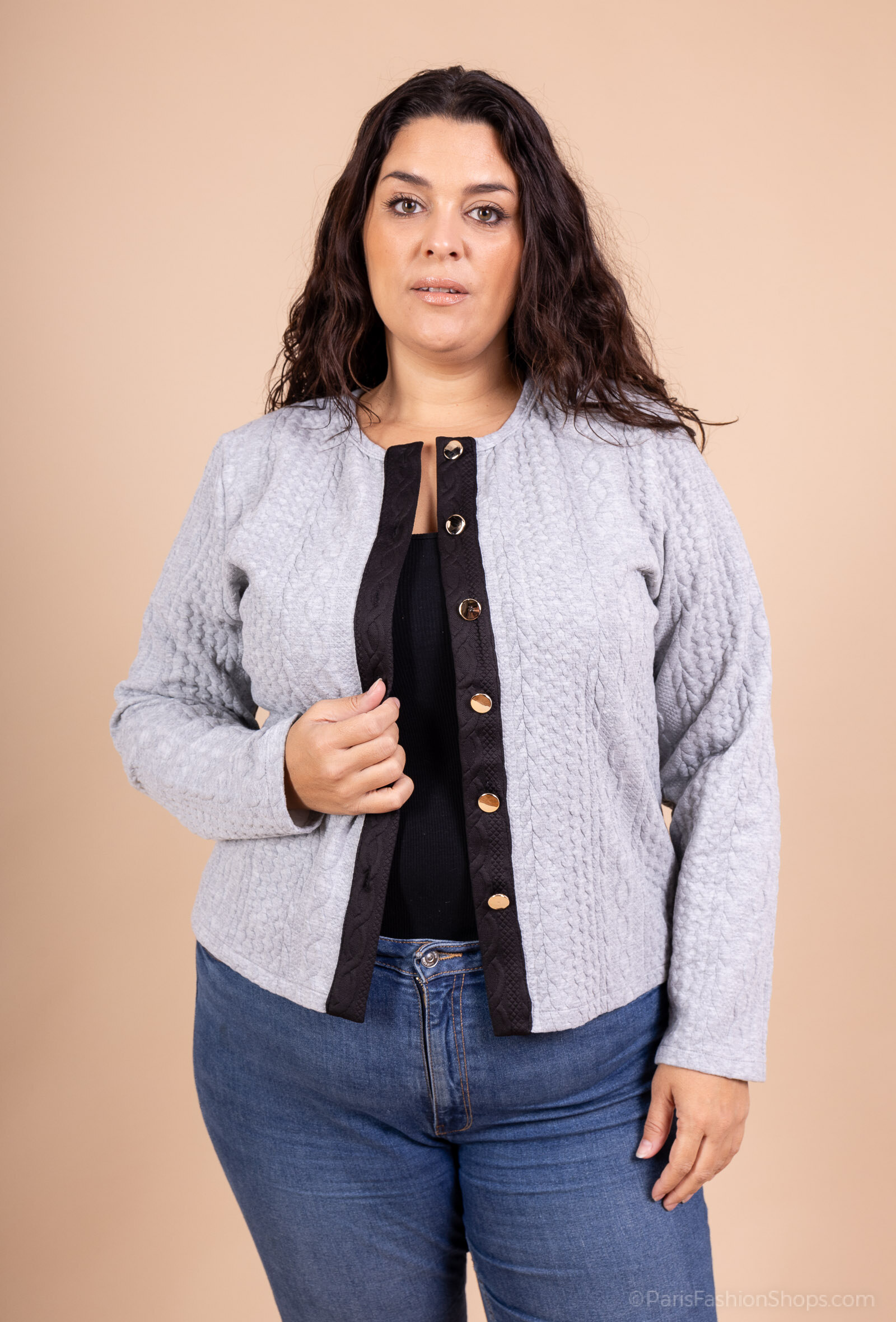 Elegant plus-size women's jacket, made of soft polyester and spandex, perfect for fall/winter. Designed in China.