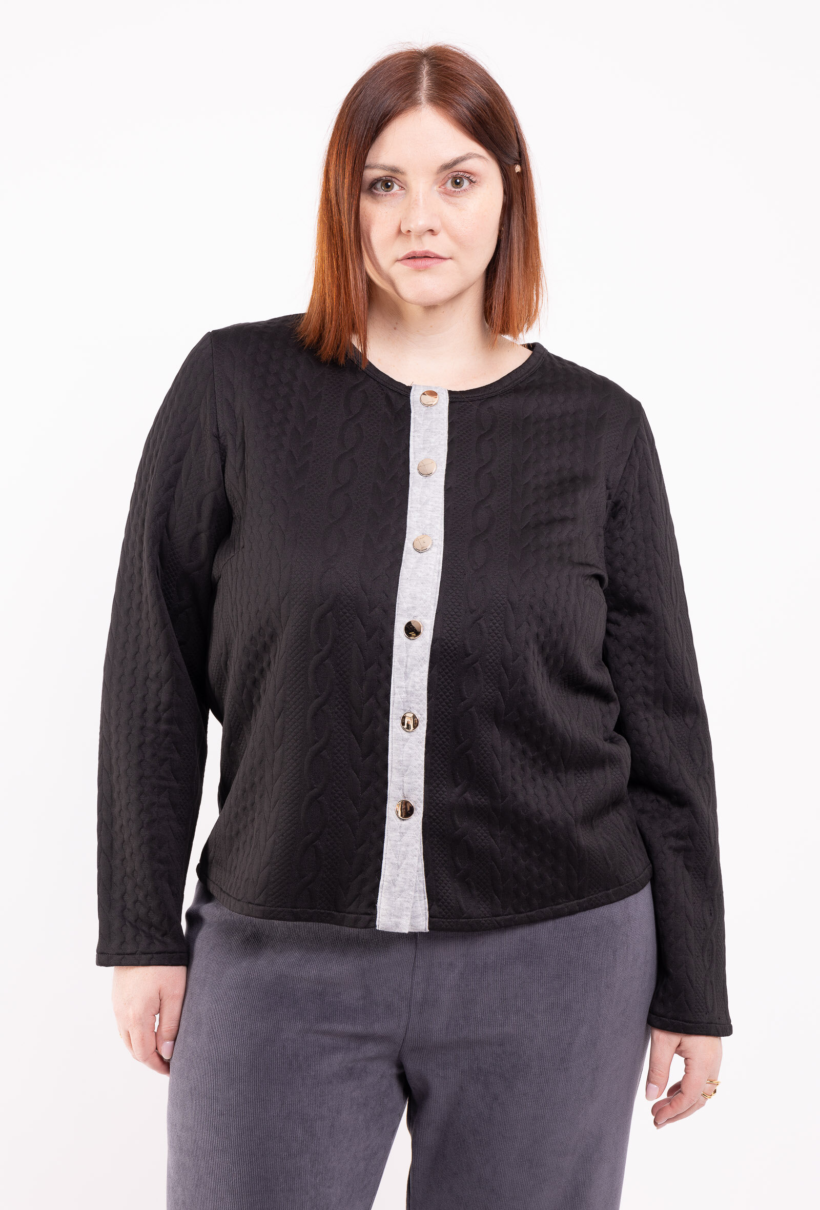 Veste élégante grande taille pour femme, en polyester doux et élasthanne, idéale pour l'automne/hiver. Conçue en Chine. LONGUEUR 67 CM