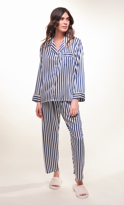 Wholesaler H&Nathalie - Navy blue striped satin pajamas set