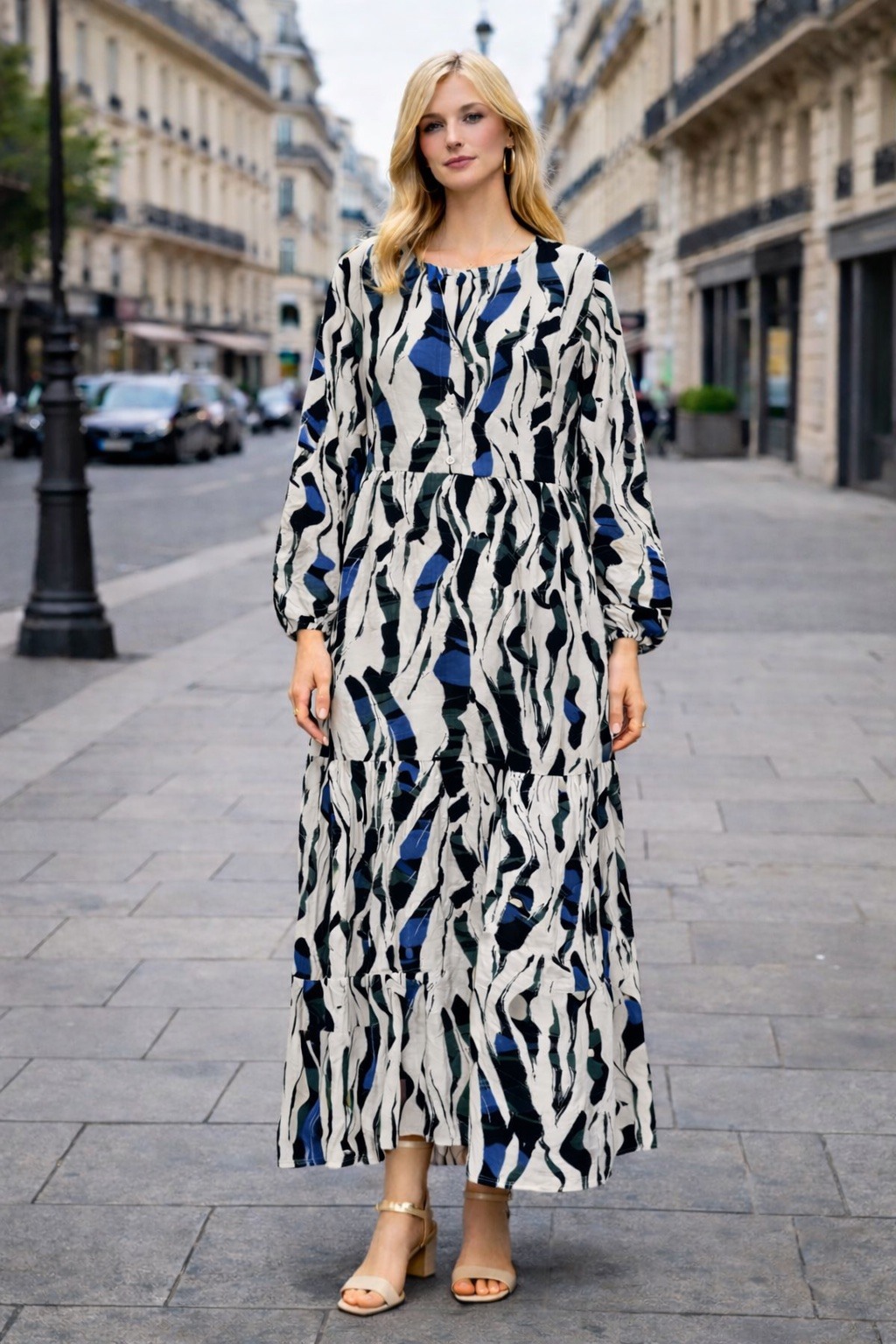 Mayorista H.STYLE - Vestido largo estampado con mangas largas