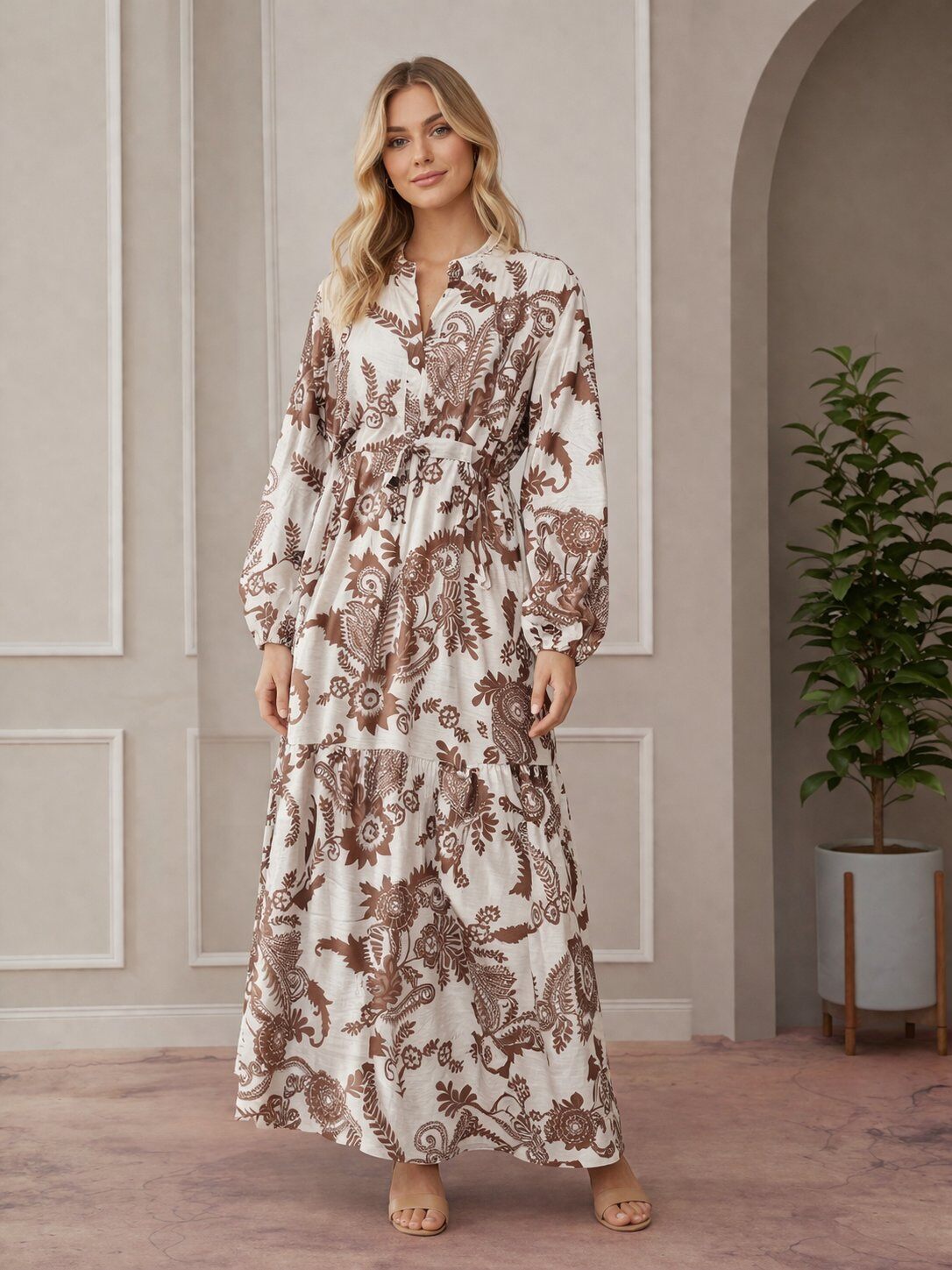 Mayorista H.STYLE - Vestido largo estampado cachemira con cinturón – DY2397