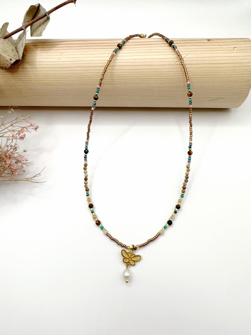 Mayorista H&T Bijoux - Collar de acero, piedras y perlas de agua dulce