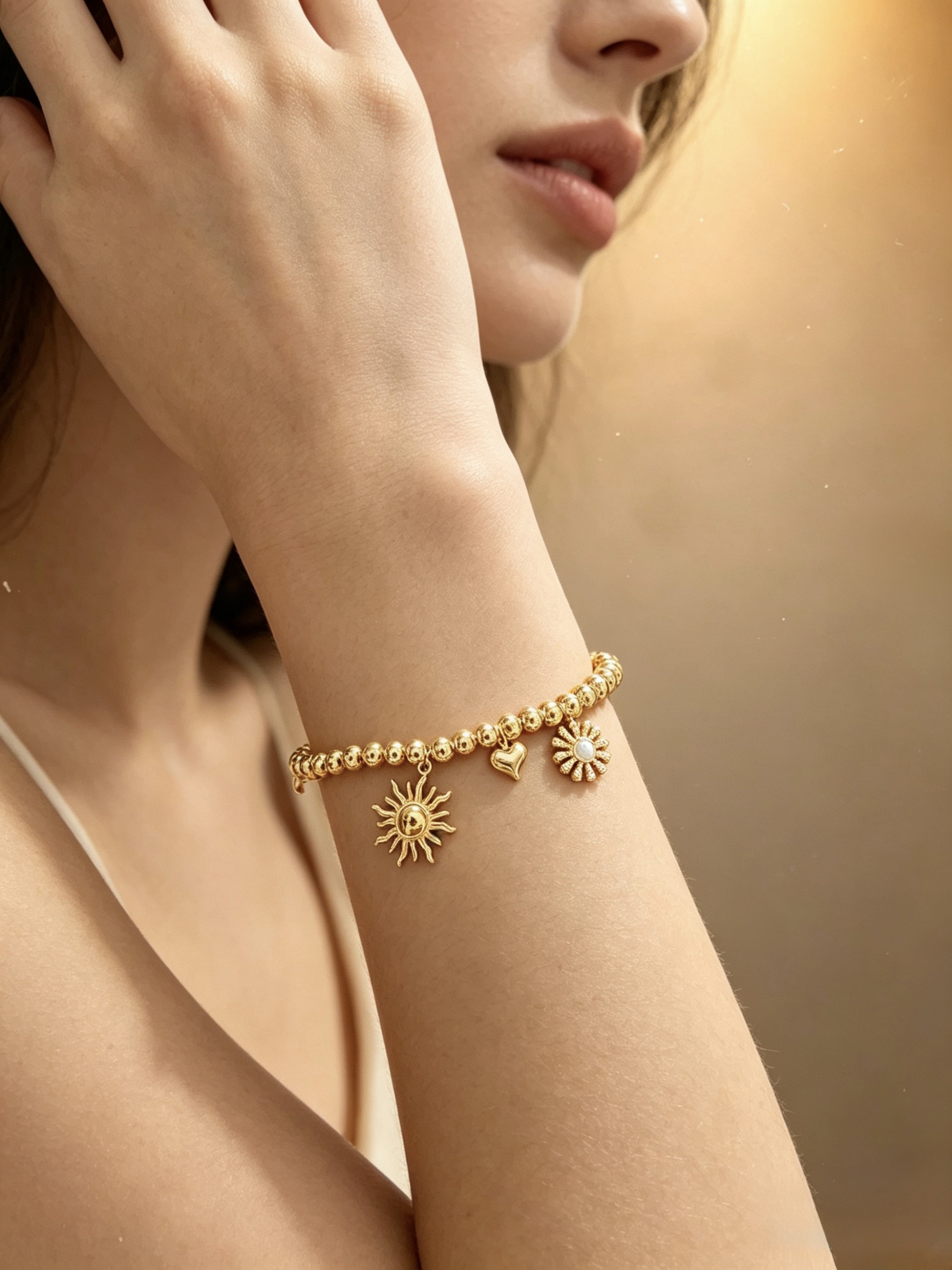 Mayorista HANA BIJOUX - Pulsera de acero inoxidable con dijes de Sol y Corazón