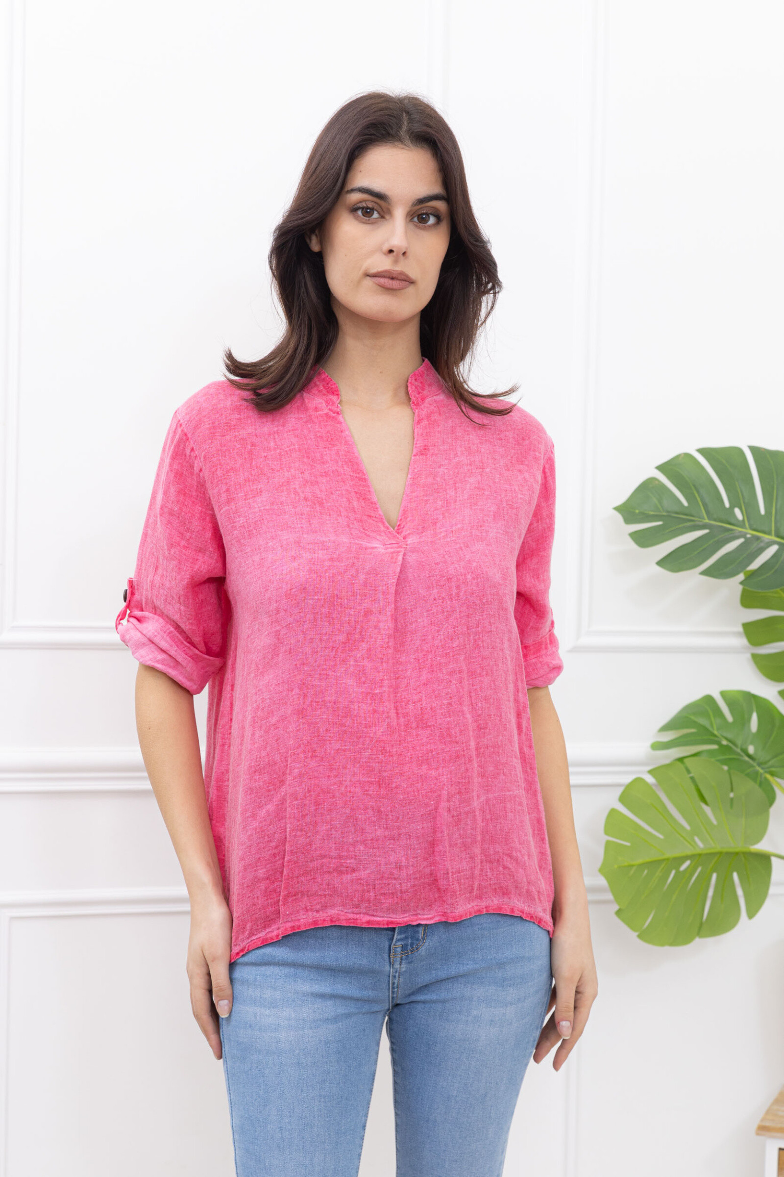 Grossiste Happy Look - Blouse en Lin Délavé Col Mao – Manches 3/4 Retroussables