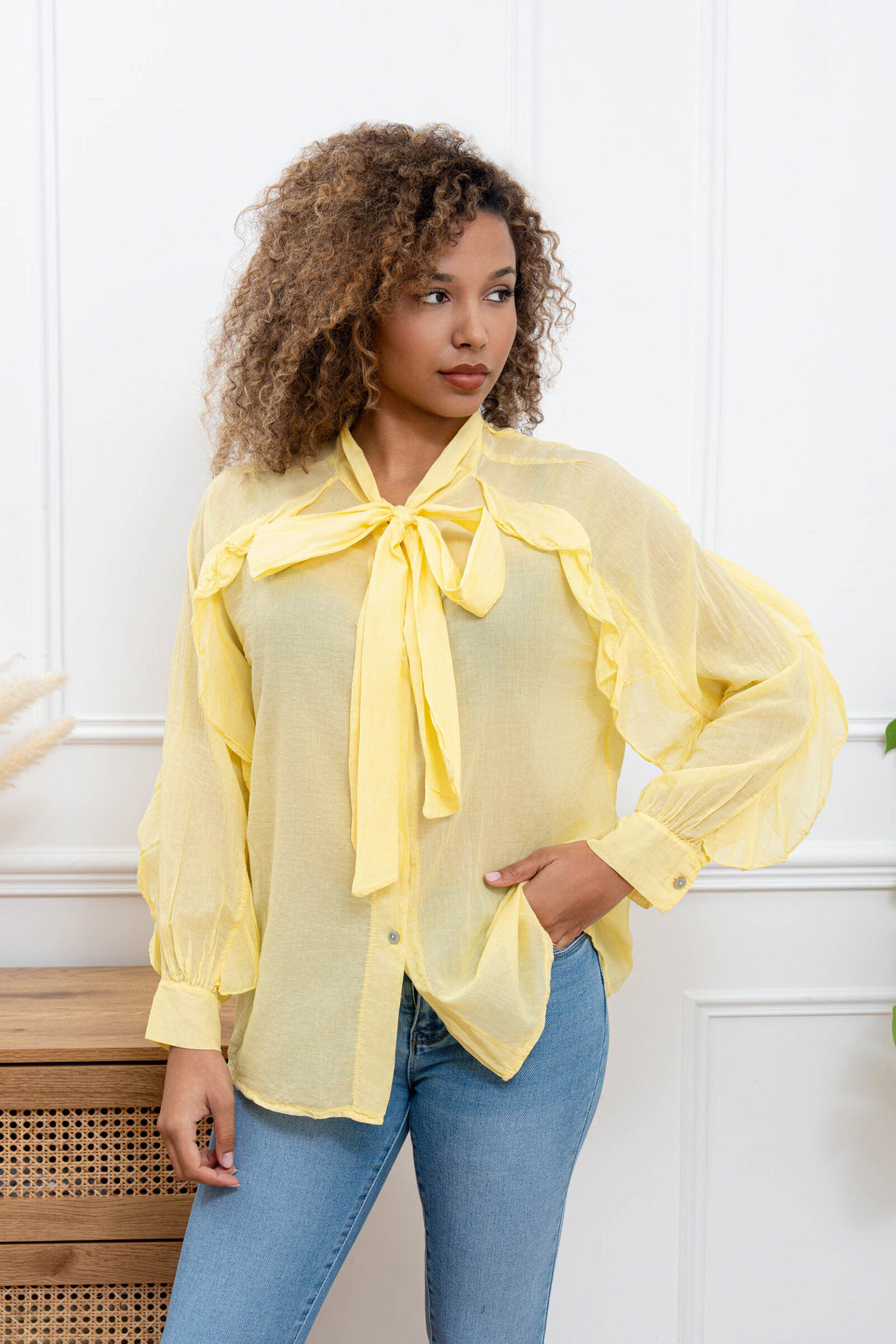 Großhändler Happy Look - Langhülle Baumwollschleierbluse mit Froufrou